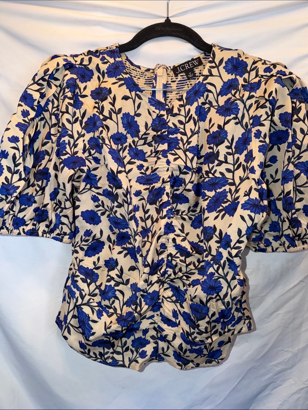 J Crew Floral Puff-Sleeve Blouse, Cream & Blue, SZ 10, PTP 17”, L 20”, (T4-327)